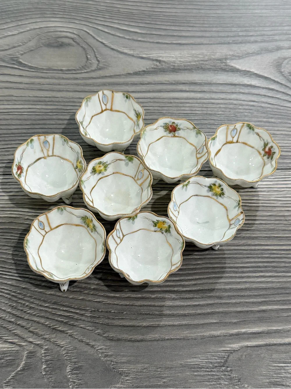 Set of 8 Floral Porcelain Salt or Pepper Bowls with Gold Trim